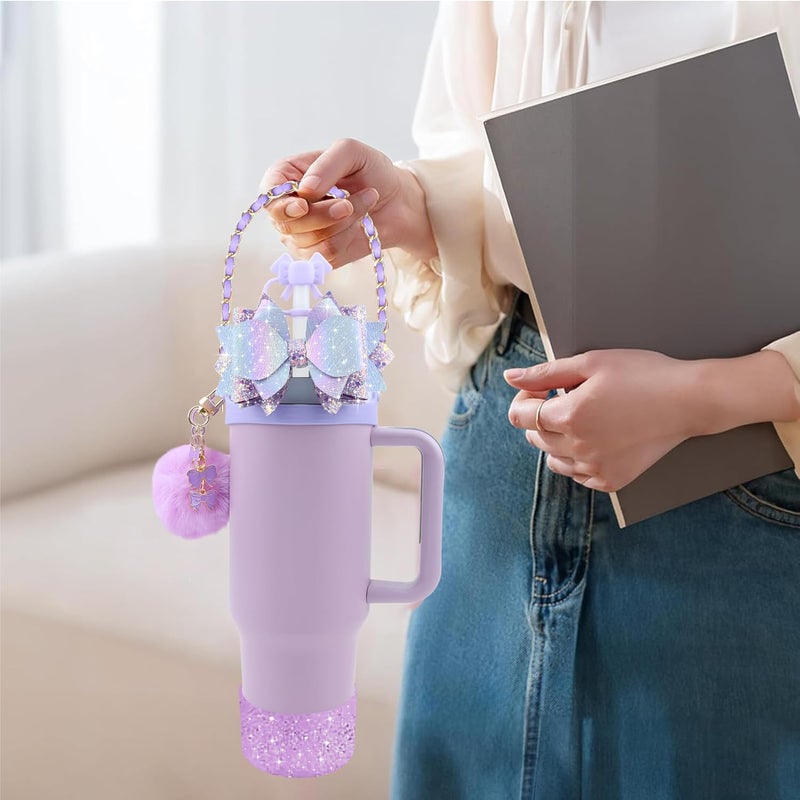 SEMATA Bling Accessories for Stanley Cup 40oz & 30oz Tumbler Including Silicone Cute Bow Straw Topper Cover, Silicone Boot for Stanley Cup,Leather Water Bottle Handle Strap, Charms(Purple) - Image 4